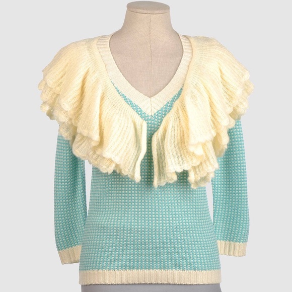 Chic V-Neck Sweater with Cream Ruffles - Picture 1 of 4